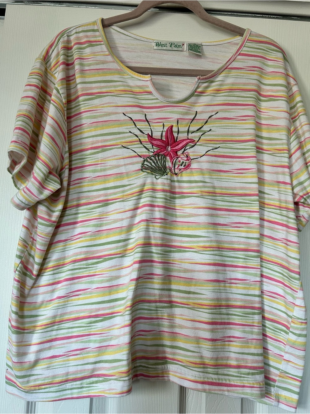 Vintage Pink Striped Floral Embroidered Women's Tee